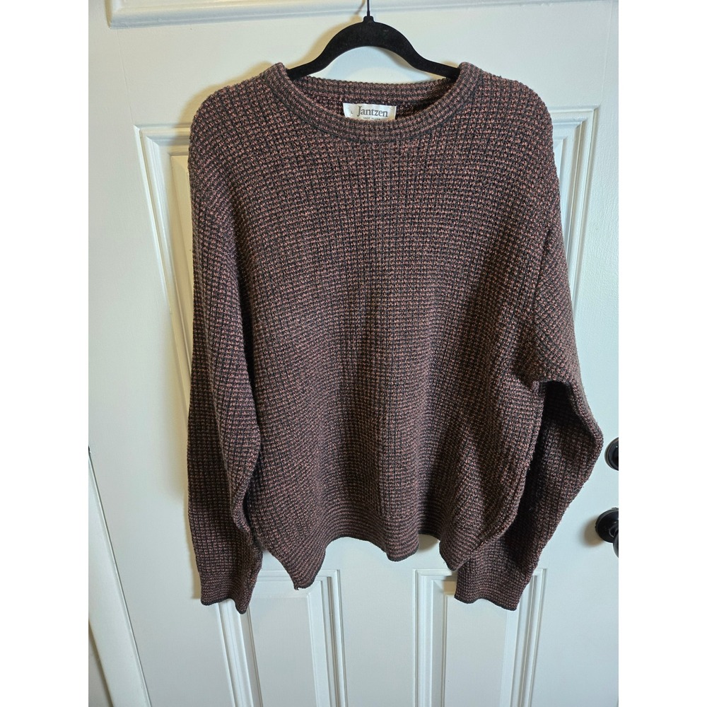 Vintage Jantzen Mens Large Waffle Knit Crewneck Sweater Brown Black Made in USA